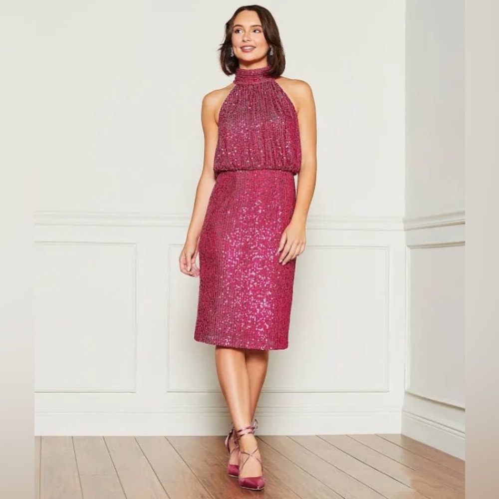 Eliza‎ J size 2 Sequin Mock Neck Cocktail Dress pink Pencil Party